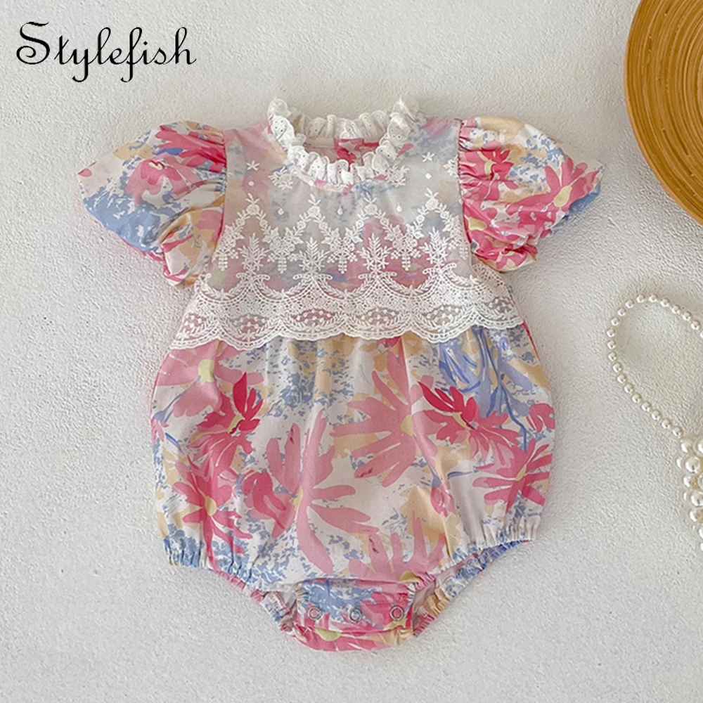 

Ins summer baby and children one-piece dress lace baby print lace bubble short sleeve triangle romper climbing