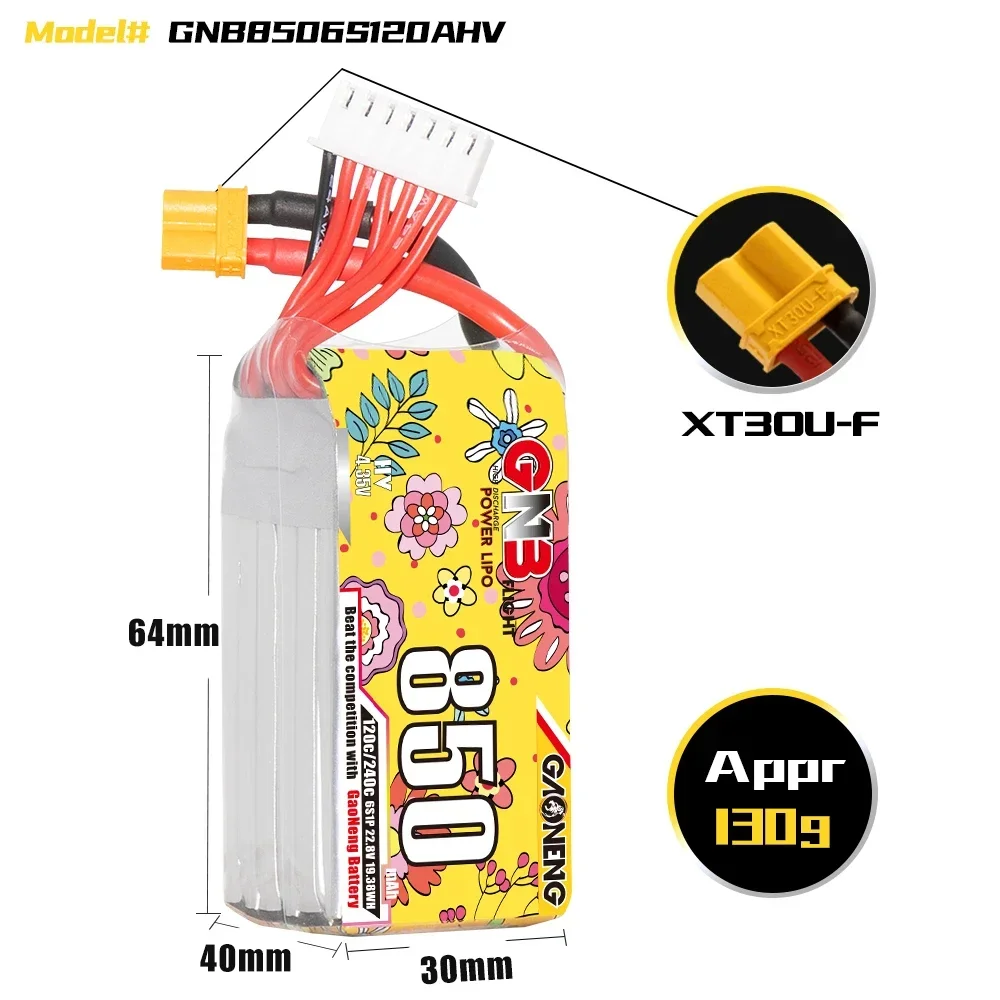 GAONENG 850mAh 120C HV 3S1P-11.4V 4S1P-15.2V 6S-22.8V GNB LiPO Battery For FPV Drone Cinewhoop RC Helicopter Airplane Parts