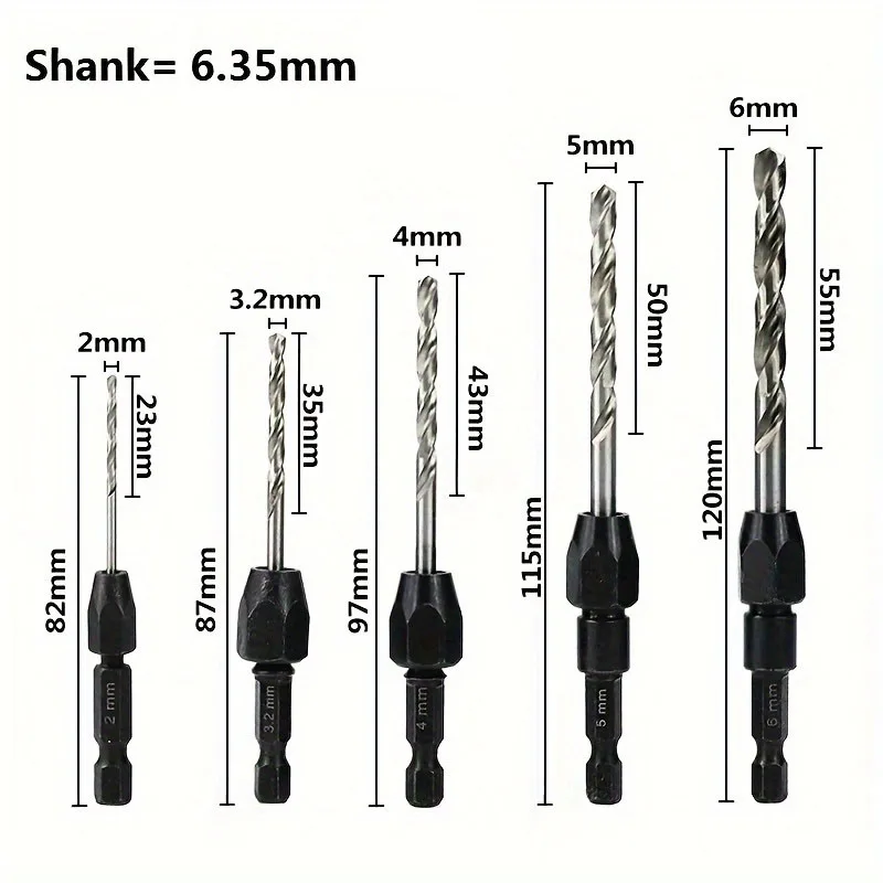 고속 스틸 카운터싱크 드릴 세트, 육각 핸들 트위스트 드릴, 퀵 체인지 핸들 2-6mm 목공 액세서리, 5 개