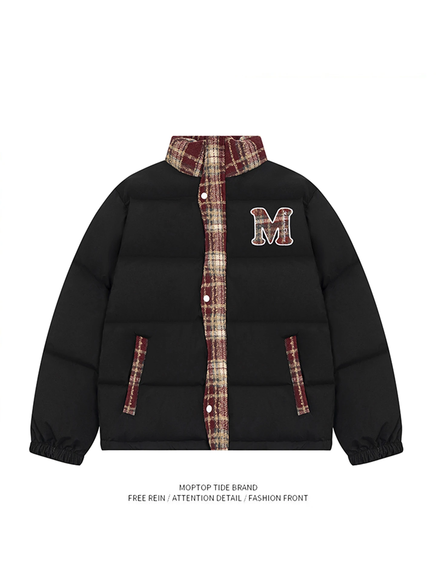 

Retro American Casual Plaid Patchwork Embroidered Thiened Cotton Jaet Loose Couple Winter Cotton Clothes Coat