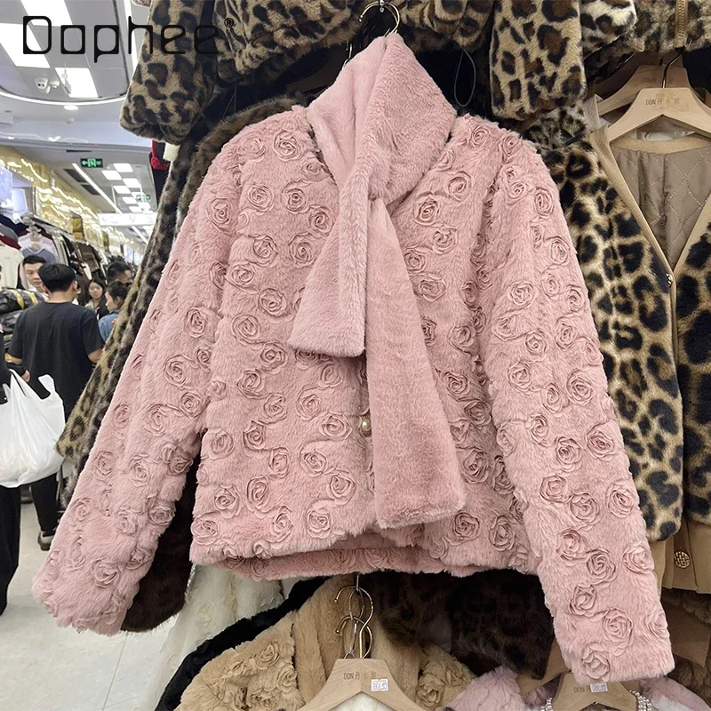 

3d Floral Fluffy Short Coats Women with Scarf Winter V Neck Long Sleeve Single Breasted Jackets Casual Coat Solid Color