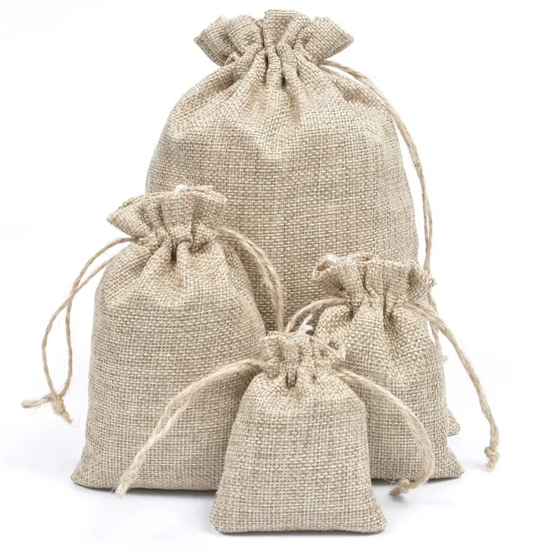 10pcs/lot Multi Size Natural Linen Burlap Bag Jute Gift Bag Drawstring Gift Bags With Handles Gift Packaging Party Candy Bags