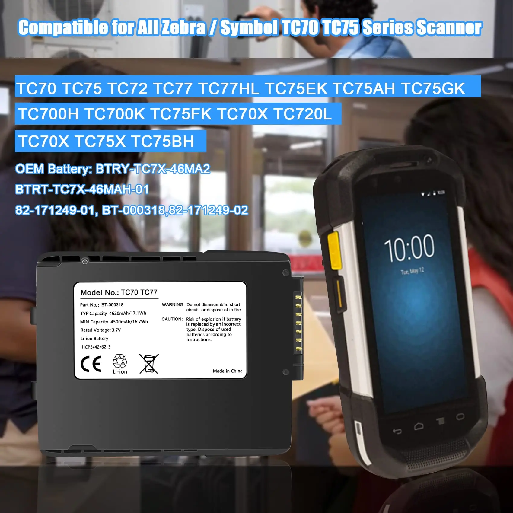 

2 PCS 4620mAh TC70 TC75 Battery Replace for Zebra Symbol TC77 BT-000318 TC70X BTRY-TC7X-46MA2 82-171249-01 82-171249-02 TC72