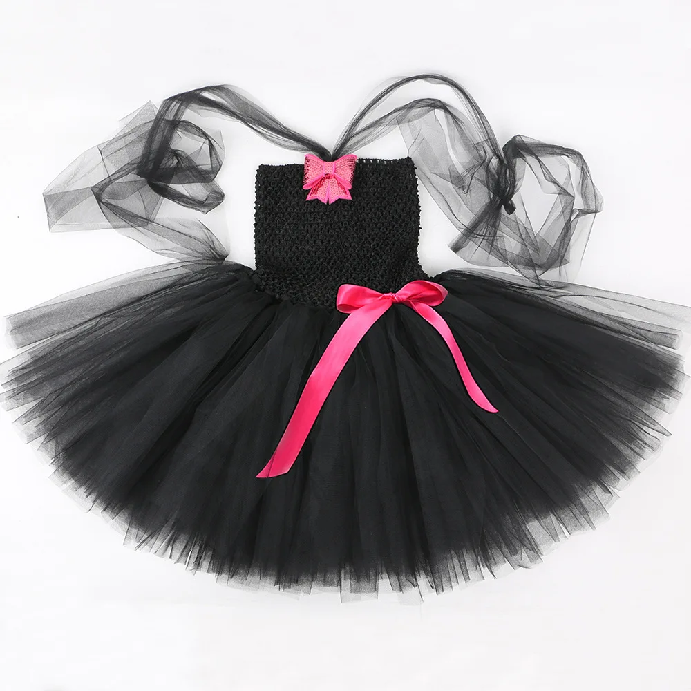 Halloween Black Cat Mesh Tutu Dress Set Tulle Gown Sleeveless A-line Outfit For Carnival Stage Graceful Lightweight Formal Suit