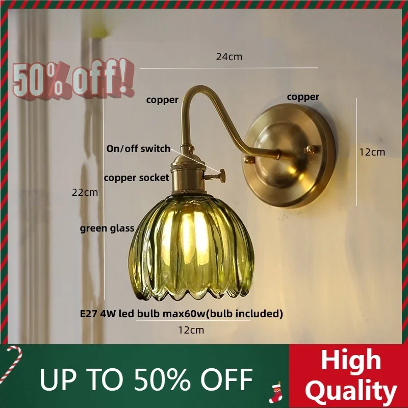 

【Быстрая доставка】Включаемые светодиодные настенные светильники для столовой и кухни, скандинавский современный стеклянный медной переключатель, прикроватная лампа, бра Wandlamp L