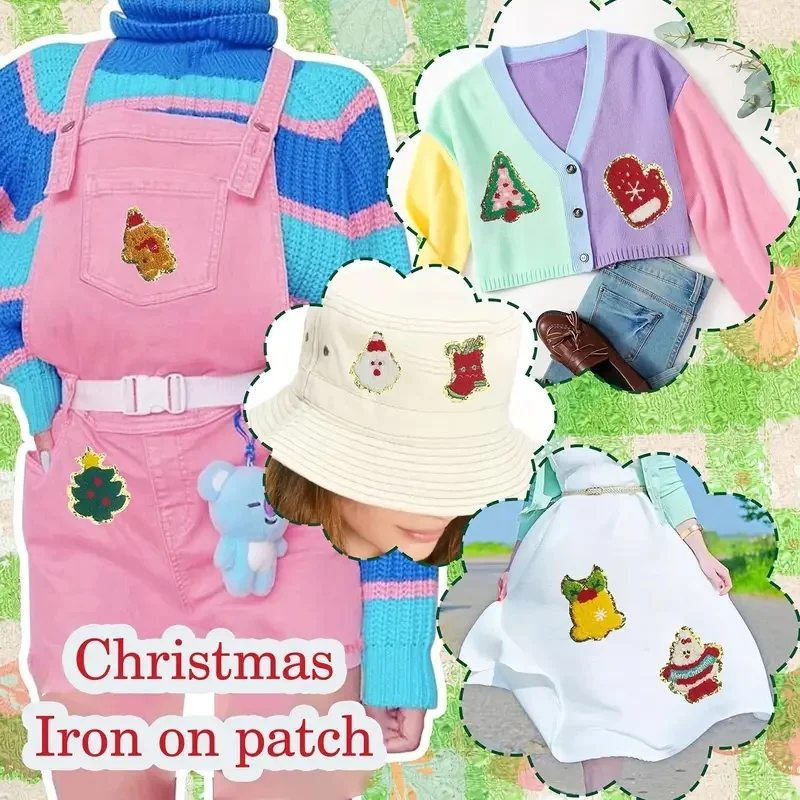 New Merry Christmas Iron On Patches Adorable Snowman Biscuit Christmas Tree Designs with Chenille Sequin Edges Holiday Season