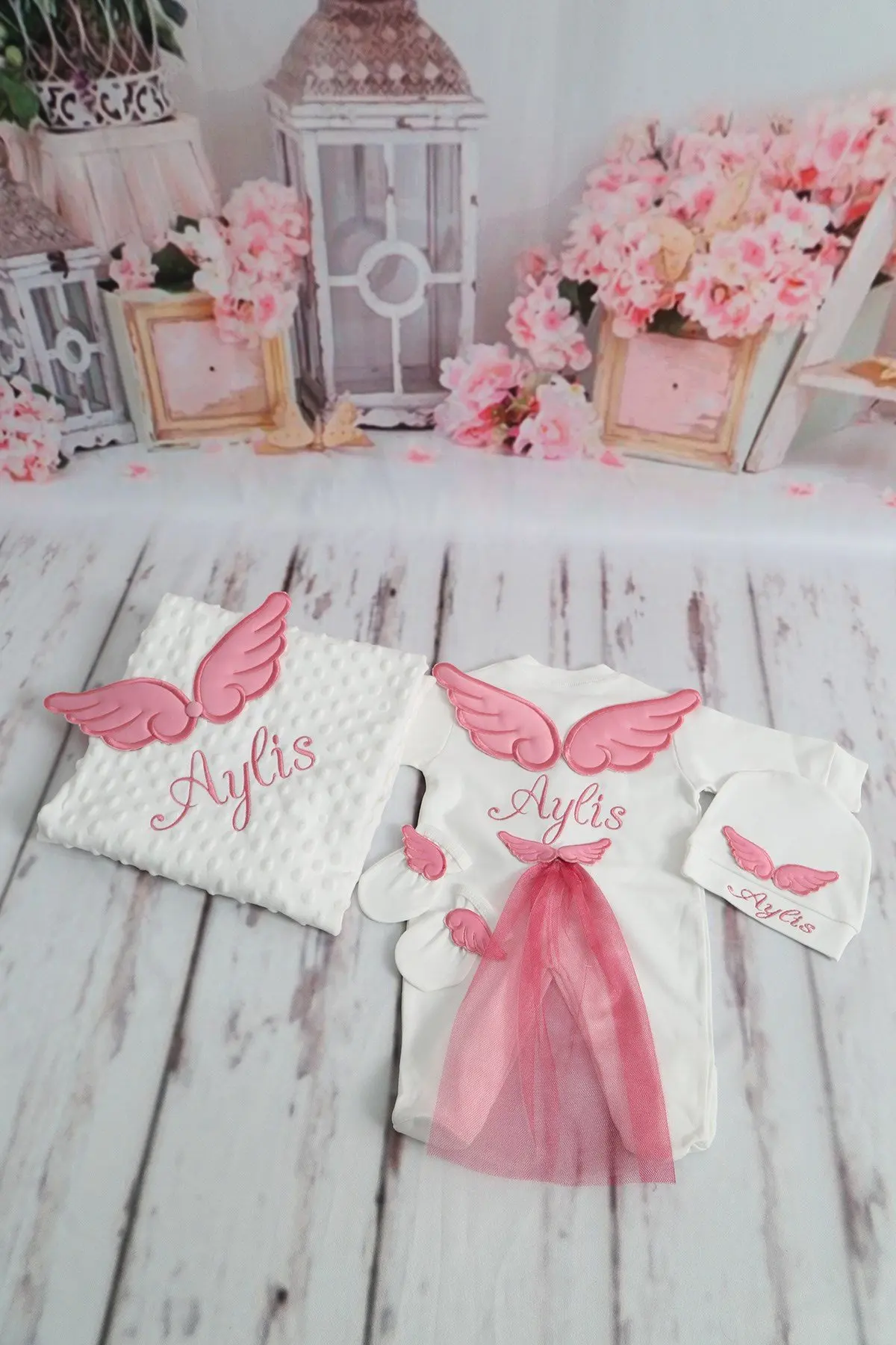 Dollbling Hospital Exit 3pcs Plus Blanket Embroidery Name Newborn Angle Wings Romper Blanket  Nursery Bedding Swaddle Outfit