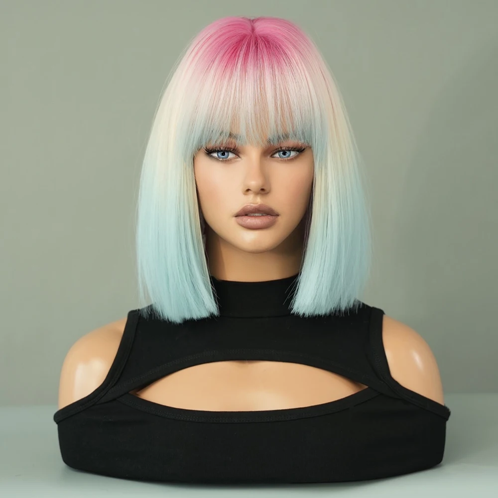 PARK YUN Short Straight Pink Gradient Blue Wigs With Bangs Natural Synthetic Hair Wig for Women Daily Cosplay Lolita Party Wig