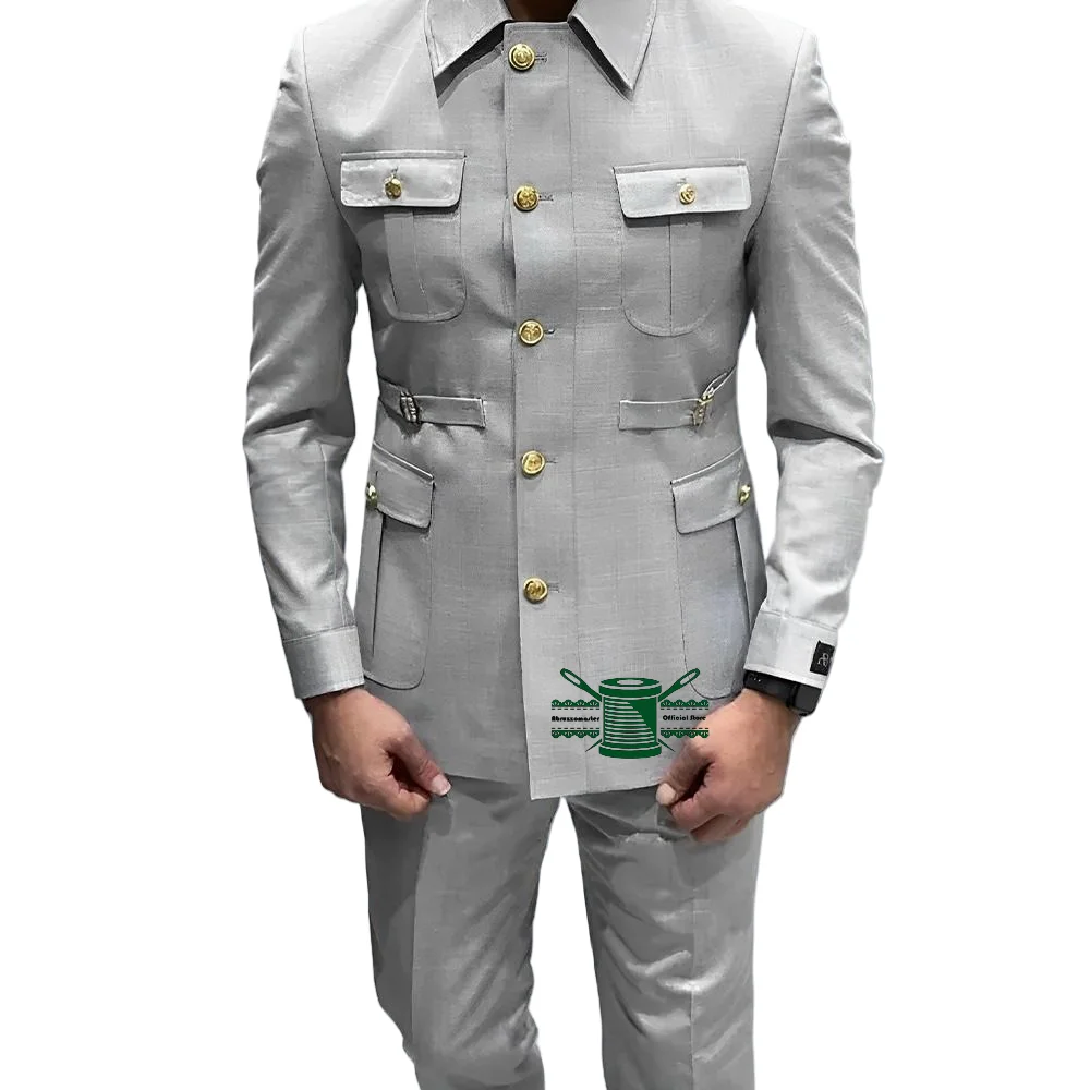 أفريقيا نمط الرجال الدعاوى الذهب زر حفل زفاف إغلاق طوق السترة فستان العريس مصممة الزي الاجتماعي أوم 2 قطع