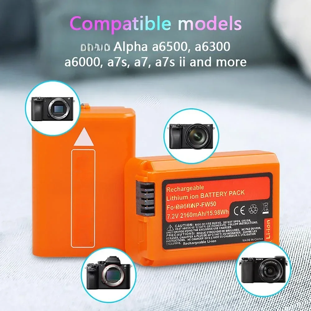 NP-FW50 لسوني ألفا A6500 A6300 A6000 A5000 A3000 NEX-3 A7 A7M2 A7R 7SM2 7M2 A33 A35 A37 A55 2160mAh برتقالي NP FW50 البطارية #5