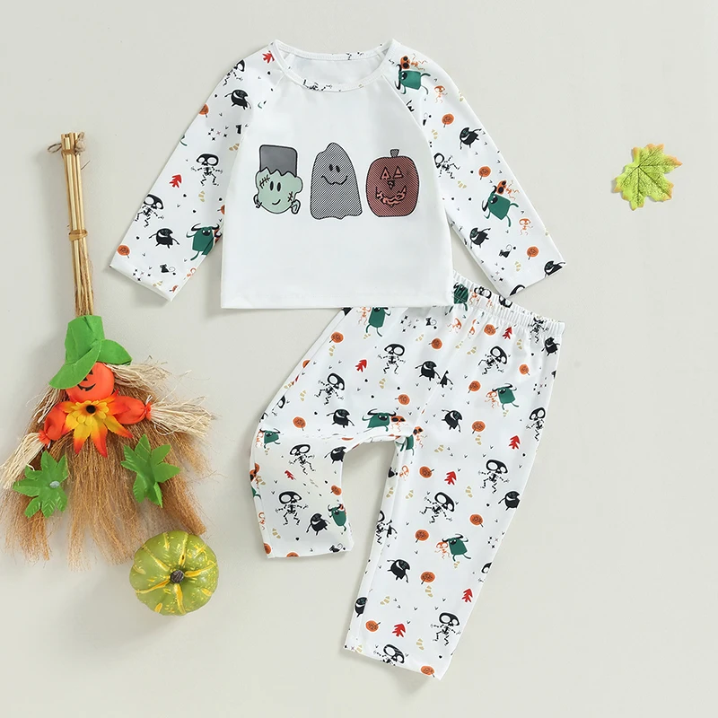 

BeQeuewll Toddler Boys 2PCS Pants Sets Long Sleeve Ghost Pumpkin Print Tops and Casual Pants Sets Halloween Clothes