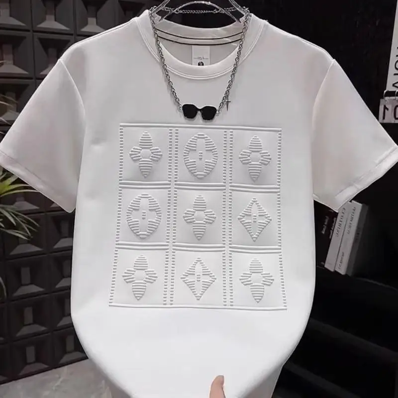 2025 summer new men's versatile heavy industry letter steel print short sleeve t-shirt fashion casual crew neck pullover top image 3