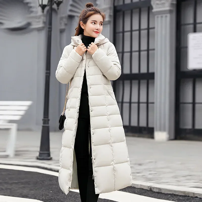 X-Long Down Jacket Women Casual Thick Warm Padded Coat Winter Loose Solid Hooded Parkas Lady Korean Fashion Solid Long Overcoa