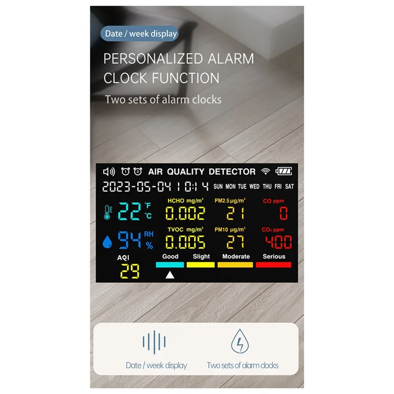 Монитор качества воздуха 10-в-1, измеритель CO2 CO TVOC HCHO PM2,5 PM1,0 PM10, детектор температуры и влажности углекислого газа, прочный