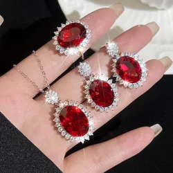 Fashion Design Lab Ruby Gemstone Jewelry Sets Ladies Elegant Vintage 925 Silver Color Luxury Banquet Party Ring/Earring/Necklace