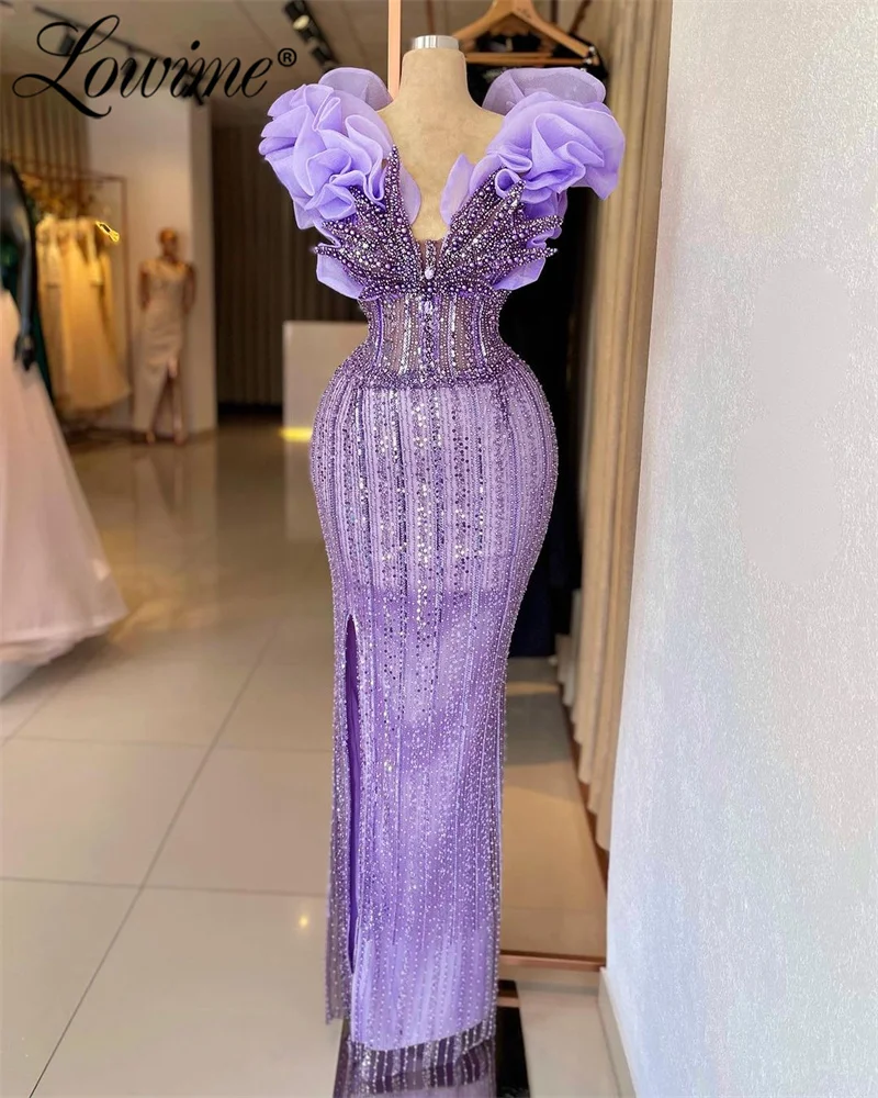 2024 Customize Amazing Lavender Evening Dress Ruffles Shoulder Full Beaded Arabic Party Dresses For Wedding Robe Split Prom Gown