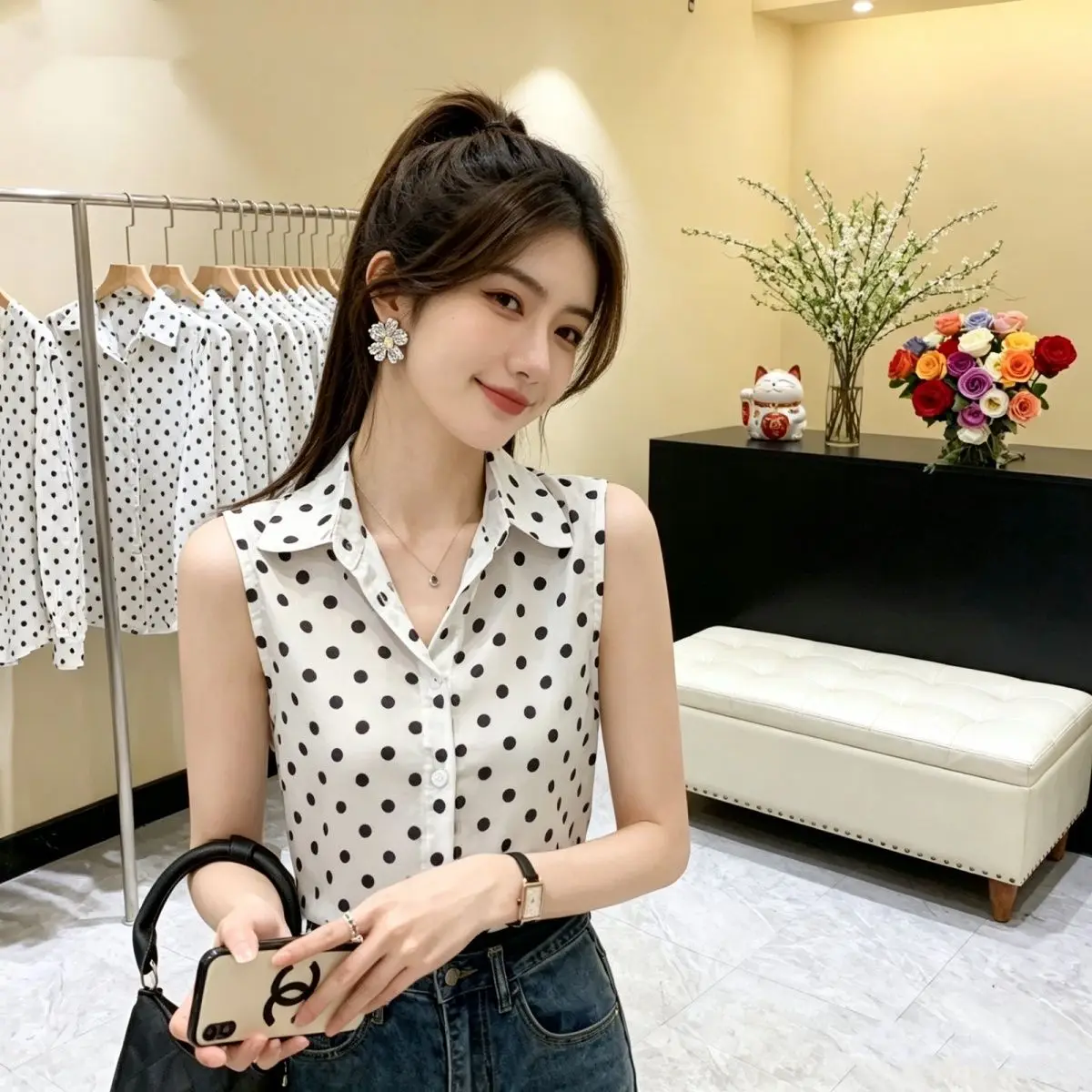

Summer Collar Sleeveless Chiffon Shirt Women Loose Design Polka Dot Top Korean Style Printed Casual Fashion Outerwear