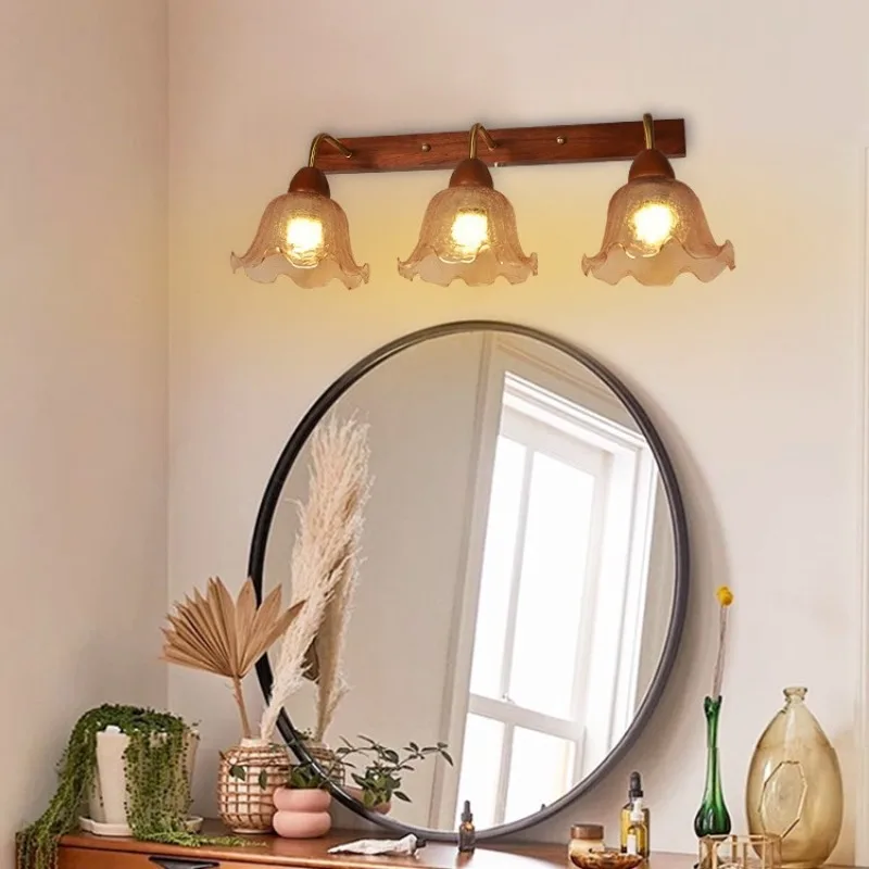 Japanese Rustic Wooden Ceiling Light Warm Frosted Glass Bathroom Mirror Headlight Aisle Bedroom Restaurant LED Ceiling Lamp
