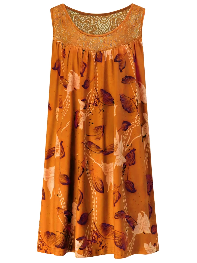Plus size women's sleeveless round neck A-line dress with contrasting lace border floral print - knee length machine washable, c