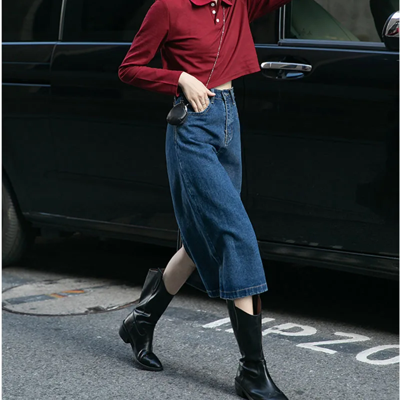 

High Waisted Skirts Women Vintage Denim Simple Fall All-match Teens Streetwear BF Style Mid-Calf Daily Female Bottom Chic Newest