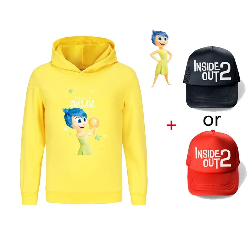 Детская толстовка с капюшоном Inside Out 2, детская одежда для девочек, модная одежда для мальчиков, осенние теплые спортивные топы + кепка, подарки на сезон для школы