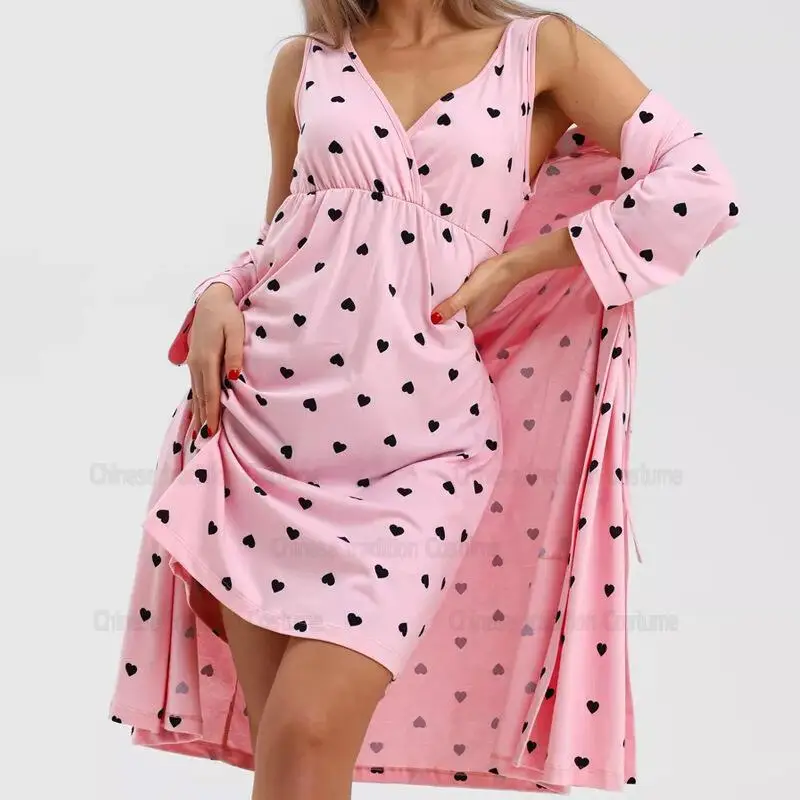 

Pink Loveheart Print Robe Set 2Pcs Sleepwear Lady Sexy Home Dressing Gown Loungewear Short Kimono Bathrobe Nightdress Lingerie