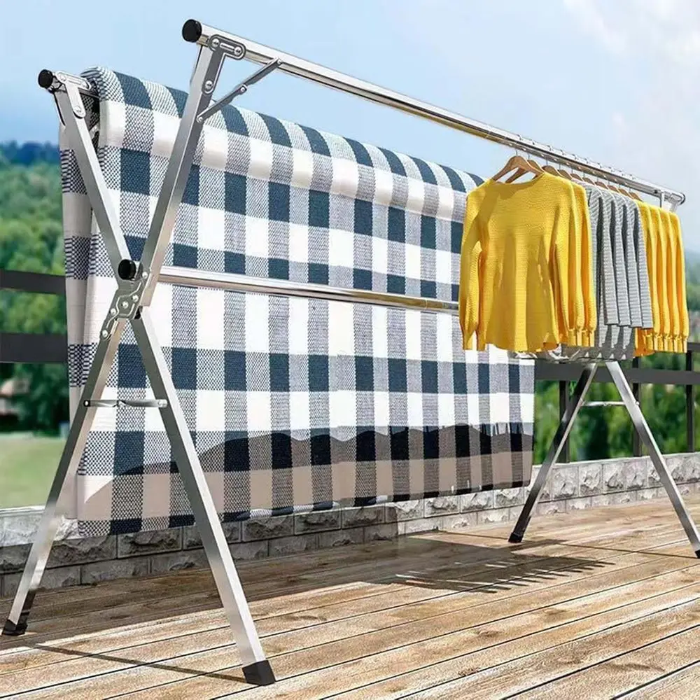 Adjustable Outdoor-Friendly Stainless Steel Folding Laundry Drying Rack with 3 Rods, Extendable up to 240cm/95in