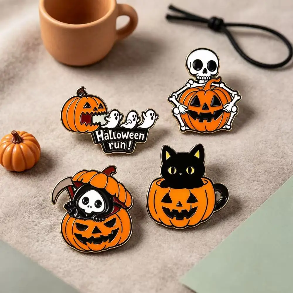 4pcs Halloween Pumpkin Enamel Lapel Pins Set, Spooky Skull Black Cat Brooches for Backpack Clothes Party Decor Gift