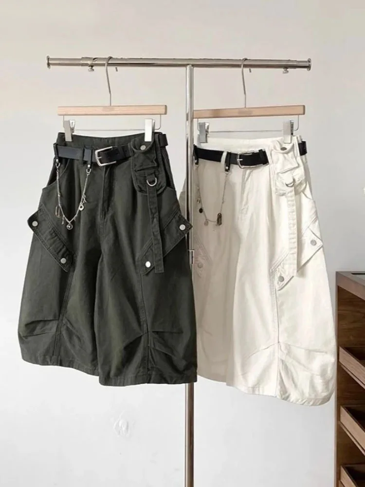 

Y2k Aesthetic Solid Cargo Short Pants Women Pocket Pleated Harajuku Wide Leg Loose Streetwear Casual Summer Trousers Joggers