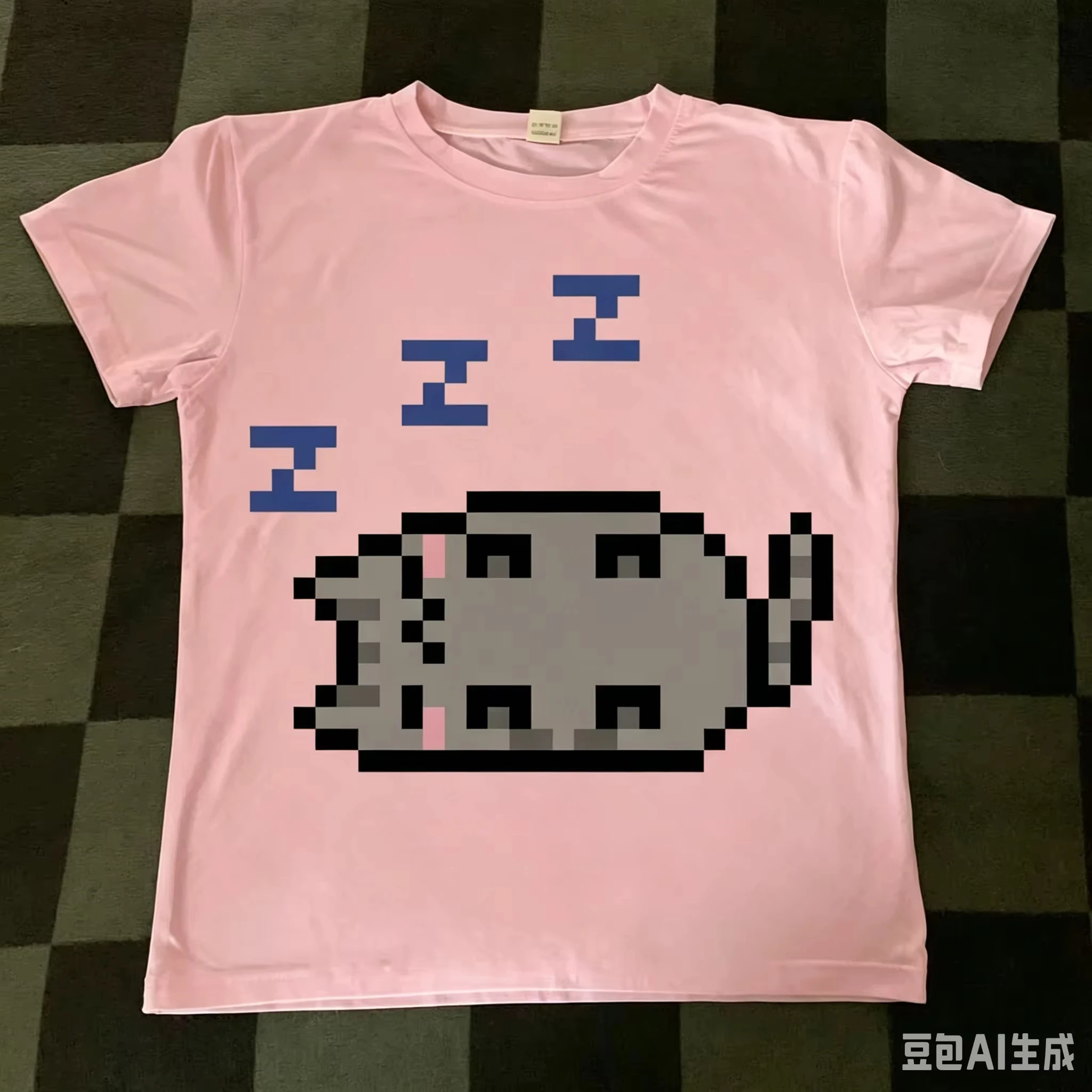 2026 New Cute Pixel Sleepy Cat Zzz Graphic Polyester T-shirt Simple Animal Print Unisex White Short Slee