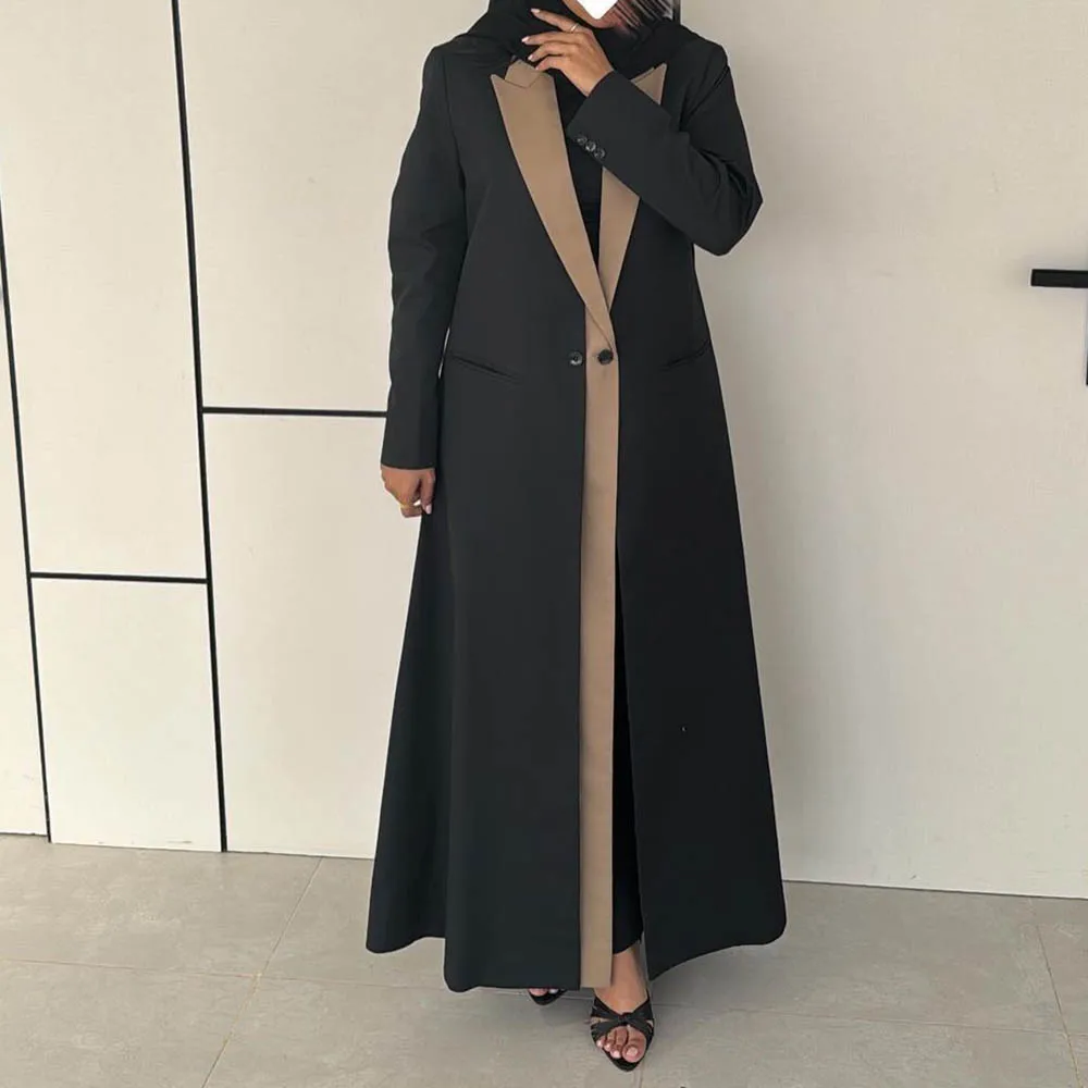 Elegante blazer da donna nero Dubai monopetto con risvolto a punta capispalla lungo Abaya musulmano su misura abbigliamento femminile di alta qualità