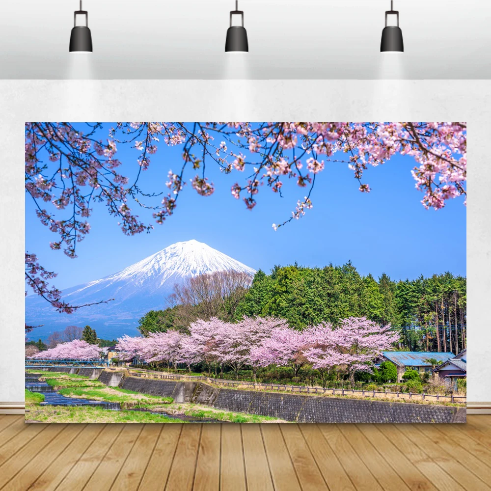 Laeacco Mount Fuji Backdrop Pink Cherry Blossoms Japanese Torii Shrine Natural Scenery Living Room Decor Photography Background