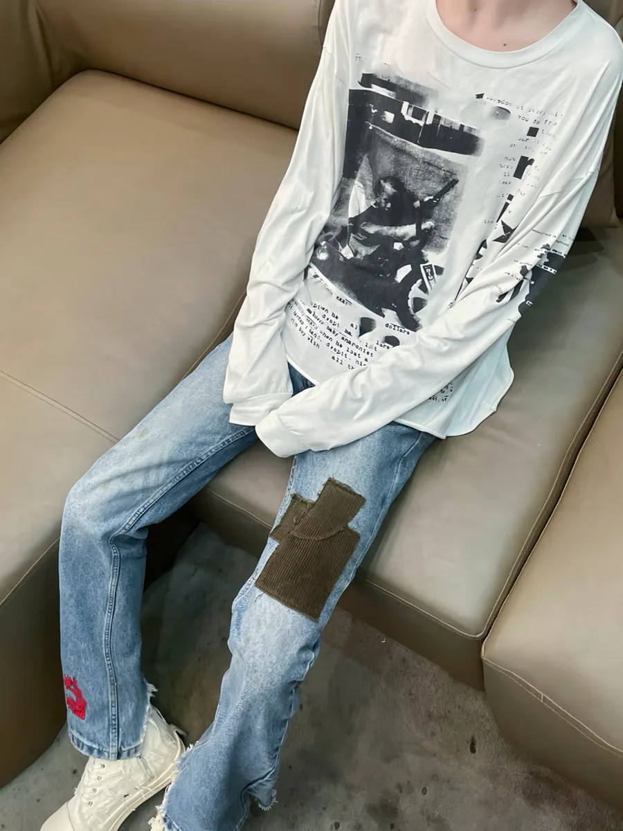 

Retro Waed Loose Casual Embroidered Corduroy Denim Jeans Men Women Trendy Long Pants Straight Leg Fit Trousers