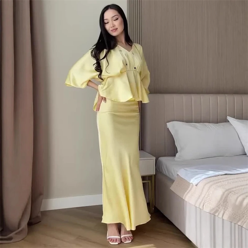 Wiosna 2025 Nowa Kolekcja Codzienna Sukienka Maxi z Długim Rękawem Satynowa Wygodny Garnitur Odzież Damska