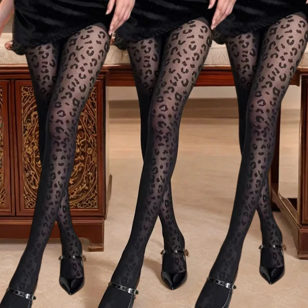 High Elasticity Leopard Print Sexy Retro Jacquard Pantyhose with Slim Legs Women's Thin Silk Stockings Summer Black Base Socks