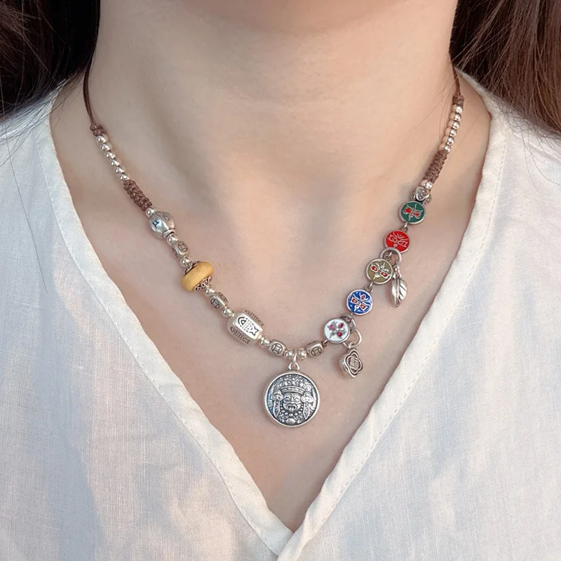 

Langyan 999 Retro Chinese Style Enamel Double-sided Necklace for Women Handmade Woven Amber Beeswax Neck Chain Jewelry XL095