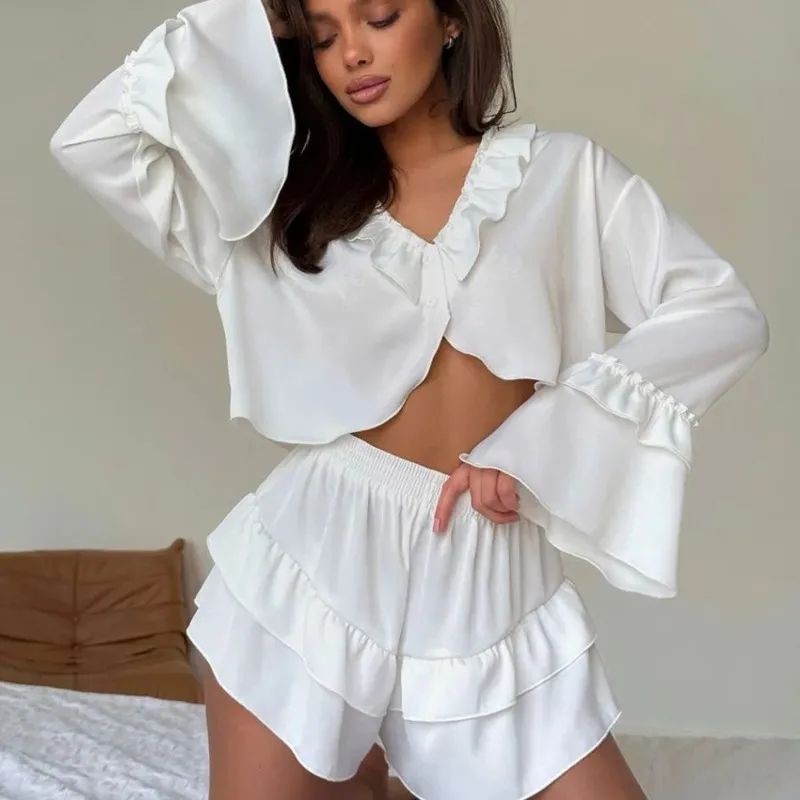 2-częściowy zestaw damskich piżam z falbankami, odzież domowa, komplet dwuczęściowy, odpowiedni do noszenia na zewnątrz