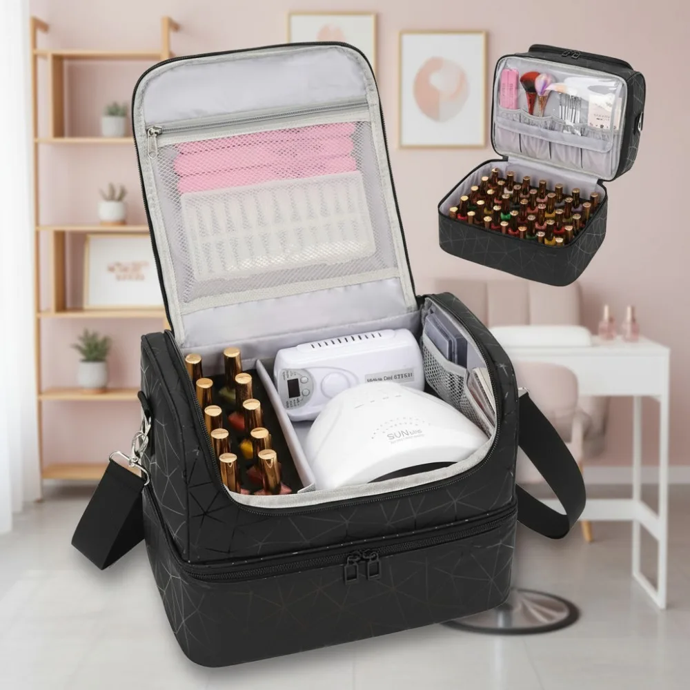

Cute Nail Polish Organizer with UV Lamp, Holds 45 Bottles, Double-Layer Travel Case for Nail Supplies in Triangle Black