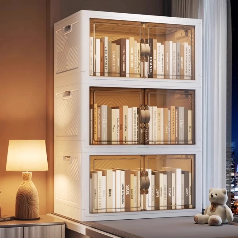 ‌Modern Acrylic Bookcase, Stackable Clear Storage Box, Dustproof Floor Standing Cabinet, Multi-Purpose Home Organizer