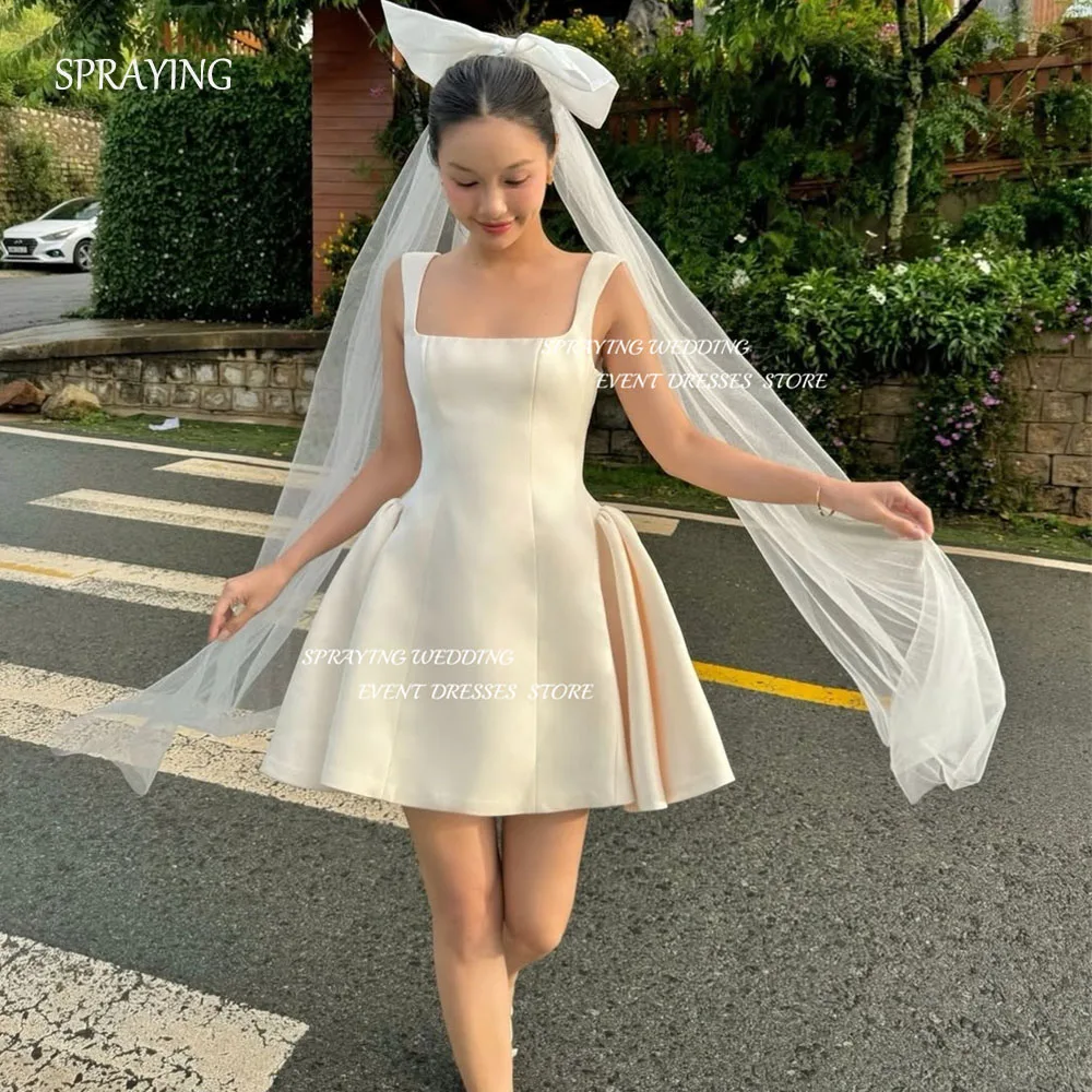

SPRAYING Elegant Mini A line Wedding Dress Strap Square Collar Bridal Gowns Satin Short Above Knee Engagement Party Customized