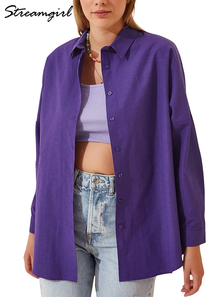 Green Long Oversized Shirt Women Autumn Cotton Purple Tops And Blouses Long Sleeve Casual Loose Blouses Women\'s Shirts Boyfriend