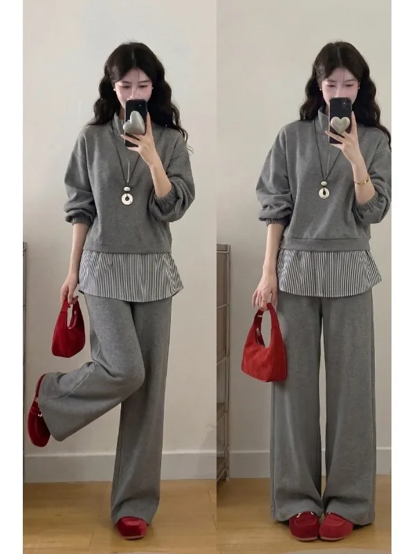 

Модный повседневный комплект в полоску: женский летний новый корейский свитшот на молнии до середины груди и свободные брюки-палаццо, костюм-двойка
