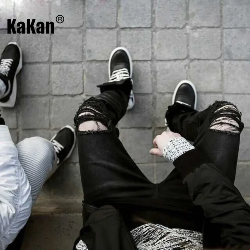 Kakan - European and American New Small Foot Elastic Jeans for Men, Pure Black White Long Jeans K78-6607