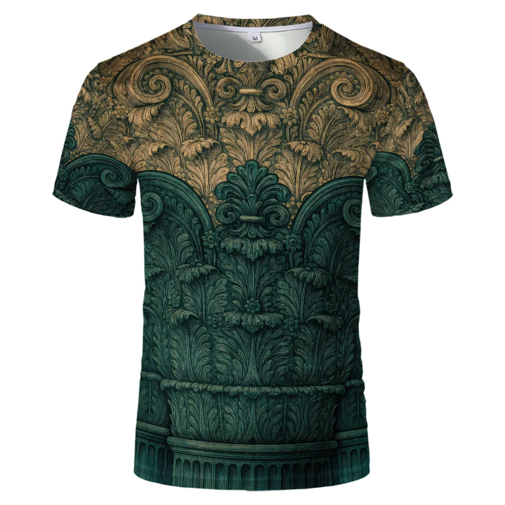 Italian Intricate Relief 3D Print T-shirt European Fashion Retro Aesthetic Streetwear Outdoor Sports Casual Short Sleeve Tops
