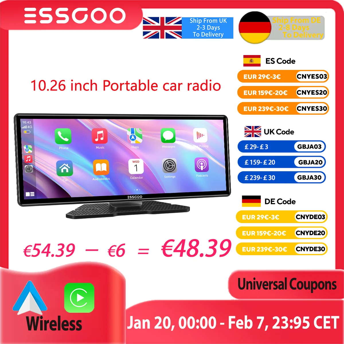 ESSGOO 10.26inch Carplay MP5 Player Portable BT Touch Srceen Wireless Carplay Android Auto Car Radio for Apple Or Android Video