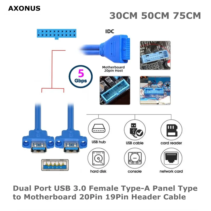 0.3m 0.5m 0.75m Dual Port USB 3.0 Female Type-A Panel Type to Motherboard 20Pin 19Pin Header Cable 50cm