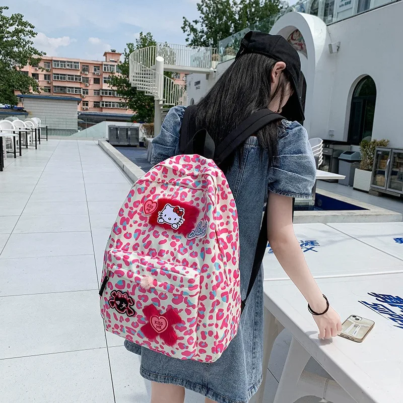 Korean cute leopard print backpack Japanese Hello kitty cartoon girl backpack student schoolbag 33cm*13cm*43cm girls backpack