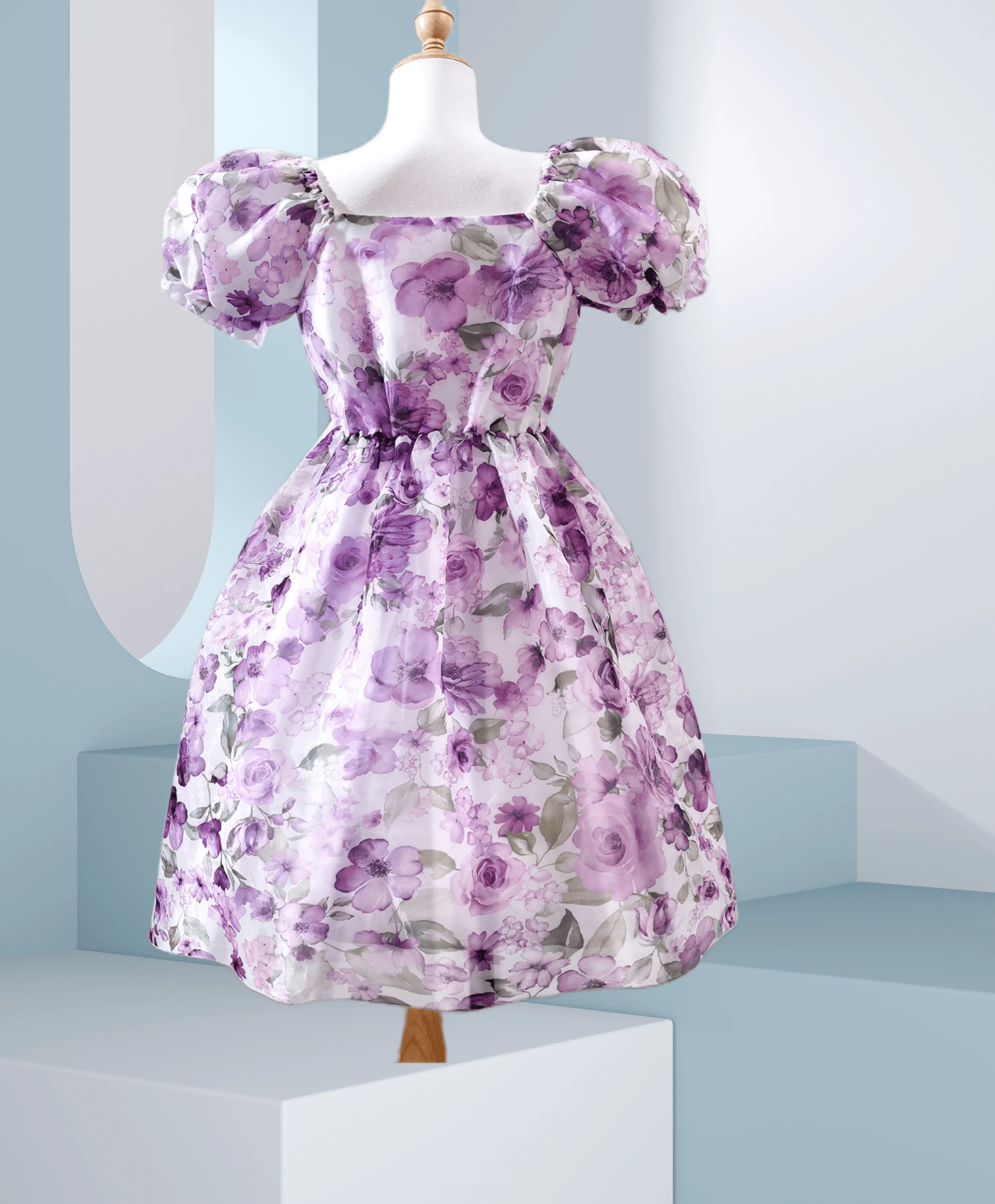 Girls sweet fashion gentle wind square collar floral polyester fiber bubble sleeve dress summer style