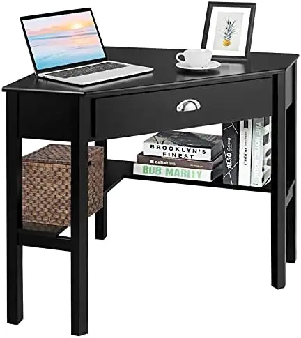 

Corner Desk for Small Space, Wood Corner Computer Desk, Compact Writing Table w/Drawer & Shelves, Space Saving Study Workst