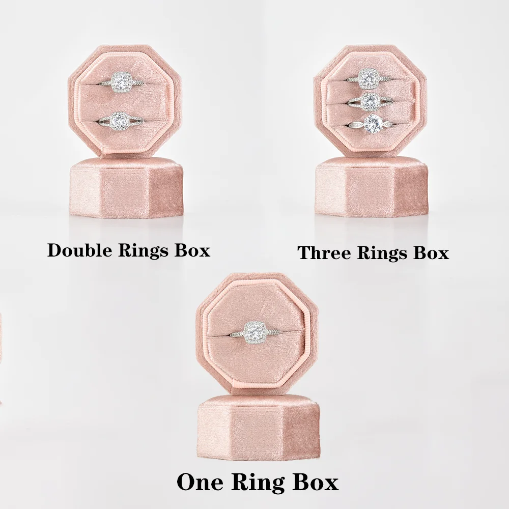 

TAIMY Mini Velvet Octagon Custom Logo Jewelry Box Muti Color Three Slots Double Ring Box Wedding Marry Gifts Ring Case